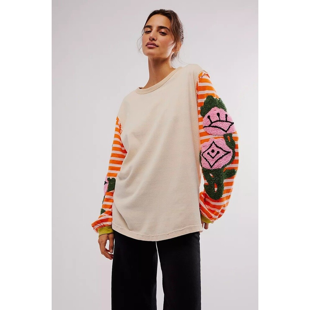 Women's Cream Sweatshirt with Orange Striped Floral Sleeves